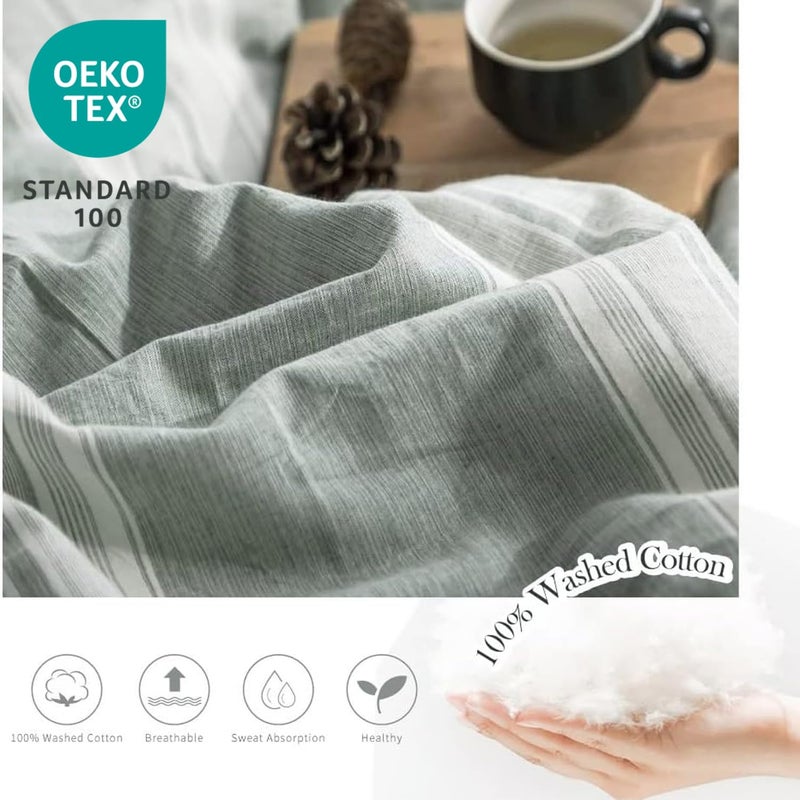 BISELINA Striped Duvet Cover Set 3pcs 100% Washed Cotton Linen Like Textured with Bowknot Bow Ties Strap Reversible Breathable Soft Comfy Chic Yarn Dyed Bedding (Queen, Grayish Green) - Image 2